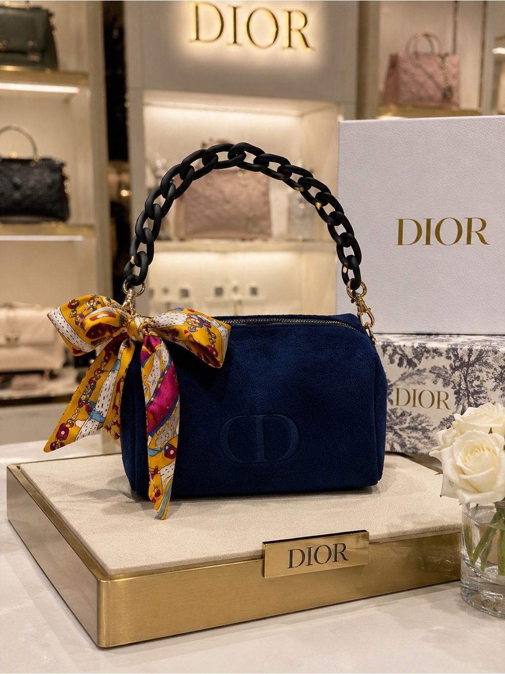 Dior Navy Suede Bag with Multicolor Scarf Accent w/ detachable black chain